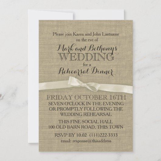 バーラップと素朴ホワイトボウリハーサルディナー 招待状 (正面)