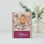 バーラップと赤シェブロンのクリスマスフォトカード シーズンポストカード (スタンド正面)