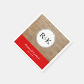 バーラップと赤モノグラムの結婚の スタンダードカクテルナプキン (角)