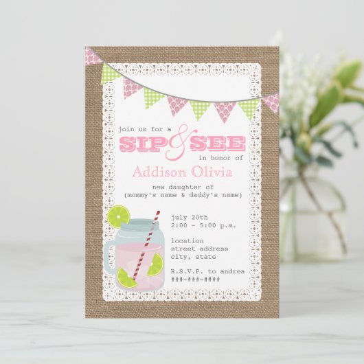 バーラップによってインスパイアピンクのレモネード及びライムの一口 + 見て下さい 招待状 (スタンド正面)