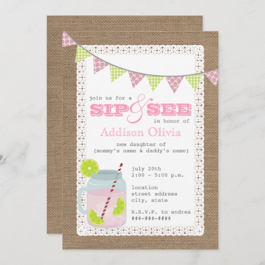 バーラップによってインスパイアピンクのレモネード及びライムの一口 + 見て下さい 招待状 (正面/裏面)