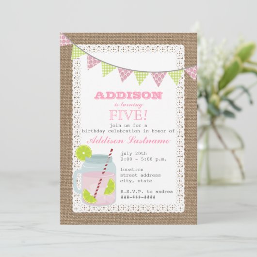 バーラップによってインスパイアピンクのレモネード及びライムの誕生日 招待状 (スタンド正面)