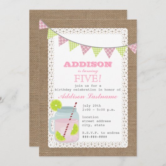 バーラップによってインスパイアピンクのレモネード及びライムの誕生日 招待状 (正面/裏面)