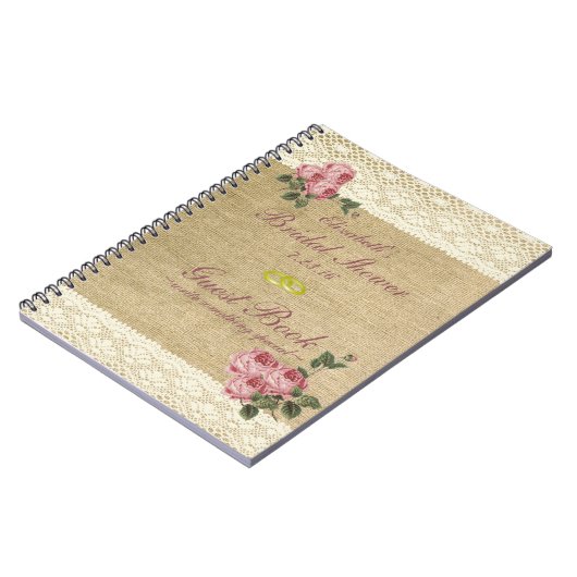 バーラップのイメージのピンクのバラのブライダルシャワーの来客名簿 ノートブック (左側)