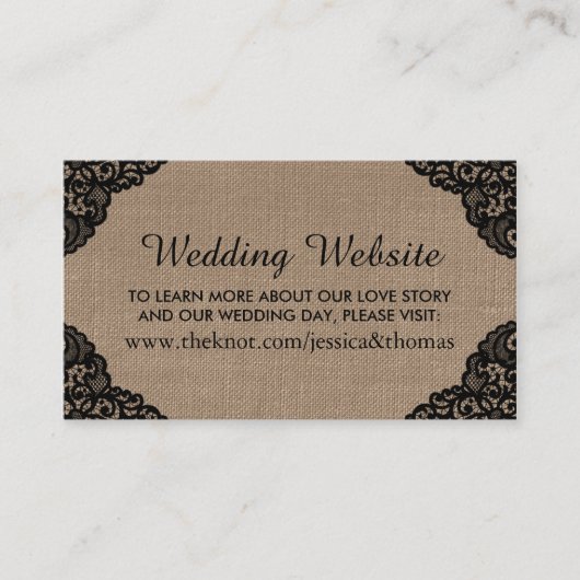 バーラップのウェブサイト素朴上の黒いレース結婚 エンクロージャーカード (正面)