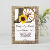 バーラップのカウボーイ・ブーツの荷馬車の車輪のヒマワリの結婚式 招待状 (スタンド正面)