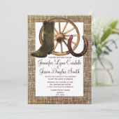 バーラップのカウボーイ・ブーツの荷馬車の車輪の蹄鉄の結婚式 招待状 (スタンド正面)