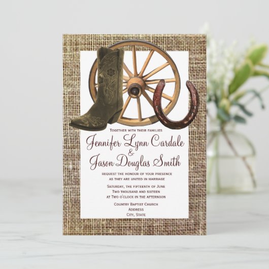 バーラップのカウボーイ・ブーツの荷馬車の車輪の蹄鉄の結婚式 招待状 (スタンド正面)