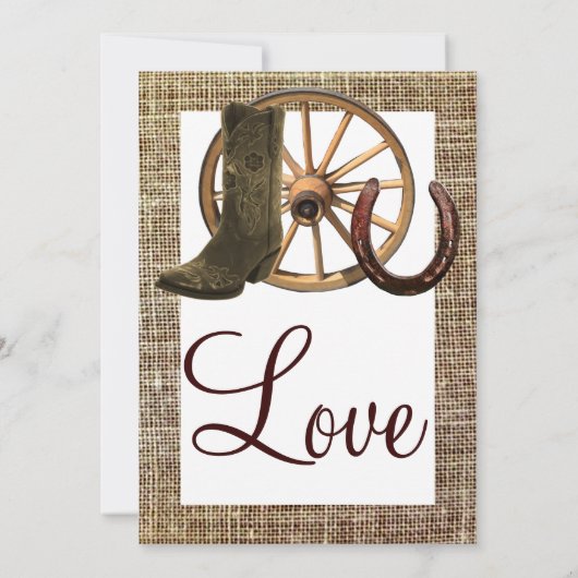 バーラップのカウボーイ・ブーツの荷馬車の車輪の蹄鉄の結婚式 招待状 (裏面)