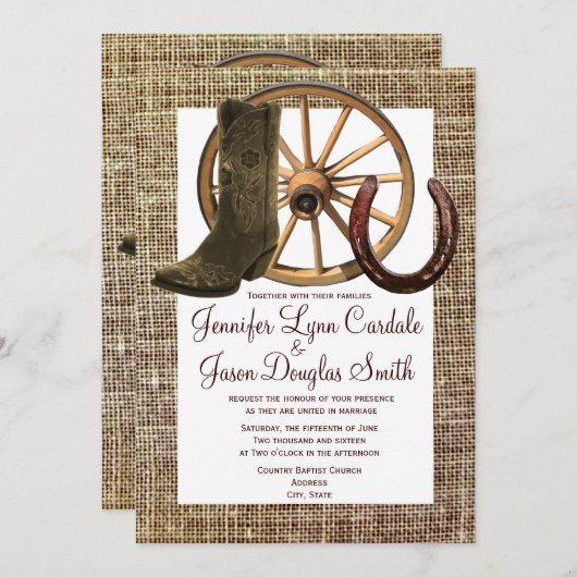 バーラップのカウボーイ・ブーツの荷馬車の車輪の蹄鉄の結婚式 招待状 (正面/裏面)