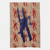 バーラップのプリントのヴィンテージの複葉機のプロペラの飛行機 キッチンタオル (縦)