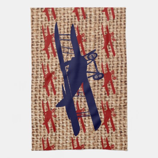バーラップのプリントのヴィンテージの複葉機のプロペラの飛行機 キッチンタオル (縦)