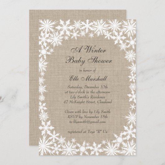 バーラップのベビーシャワーの招待状の冬のレース 招待状 (正面/裏面)