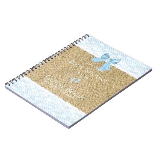 バーラップのレースのイメージの青い弓ベビーシャワーの来客名簿 ノートブック (左側)