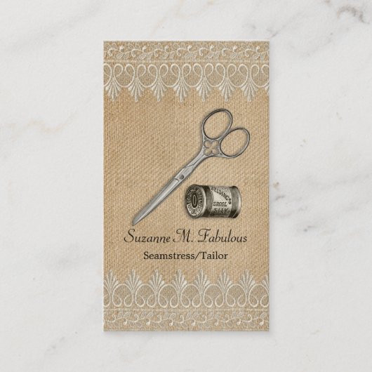 バーラップのレースのヴィンテージの裁縫婦のテーラーはさみ 名刺 (正面)