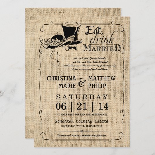 バーラップのヴィンテージのシルクハットの結婚式招待状 招待状 (正面/裏面)