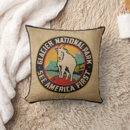 バーラップのヴィンテージのラベルのグレーシャー国立公園のヤギ クッション (ブランケット)