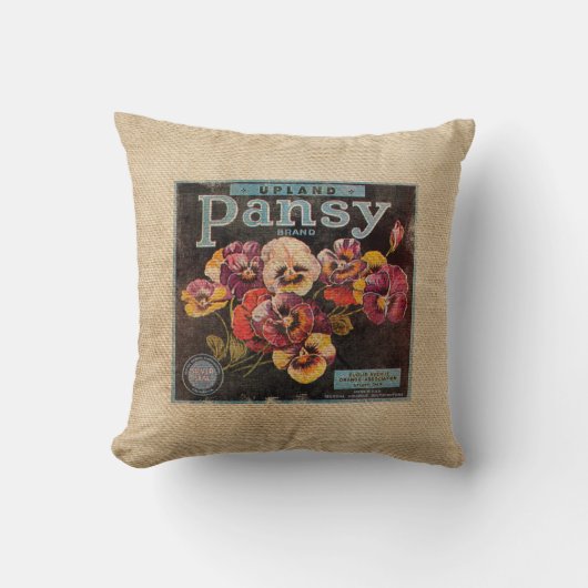 バーラップのヴィンテージのPanseyの花 クッション (正面)