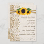 バーラップの上に白いレース、リボン、ひまわり結婚の花 招待状 (正面/裏面)