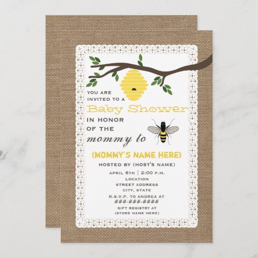 バーラップの刺激を受けたな蜂蜜の蜂のテーマのベビーシャワー 招待状 (正面/裏面)