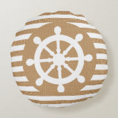 バーラップの白およびタンの航海のな舵輪は縞で飾ります ラウンドクッション (裏面)