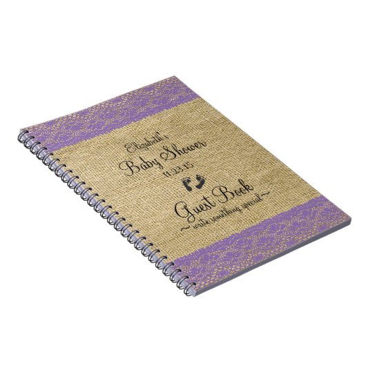 バーラップの紫色のレースのイメージのベビーシャワーの来客名簿 ノートブック (右側)
