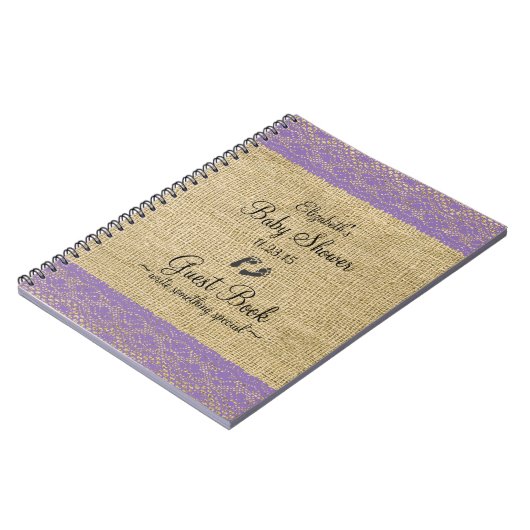 バーラップの紫色のレースのイメージのベビーシャワーの来客名簿 ノートブック (左側)