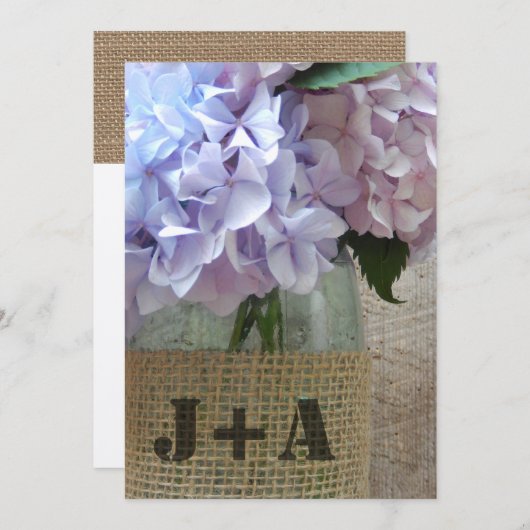 バーラップの結婚式のメーソンジャーのアジサイ 招待状 (正面/裏面)