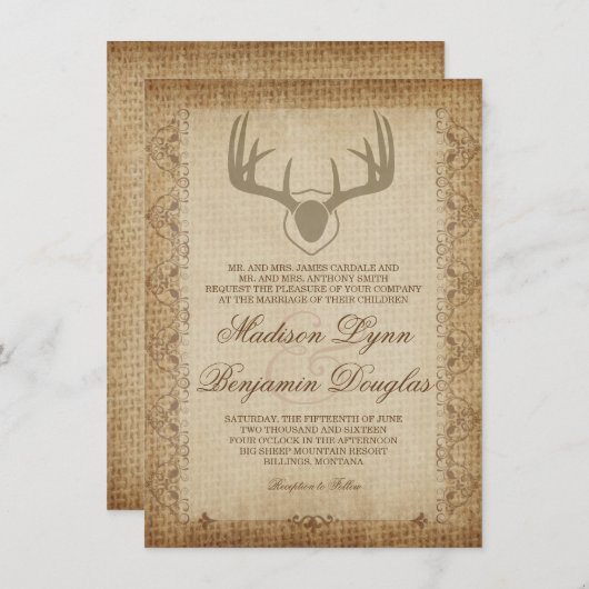 バーラップの結婚式の招待を捜す素朴なシカの(雄ジカの)枝角 招待状 (正面/裏面)