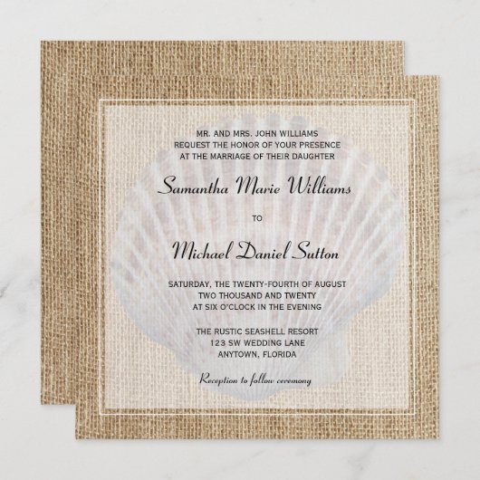 バーラップの貝殻の白いボーダー結婚式招待状 招待状 (正面/裏面)