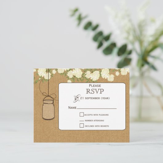 バーラップアイボリーバラメイスンジャースウェディングRSVP 出欠カード (スタンド正面)