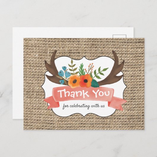 バーラップアントラーフローラベビーシャワーありがとう ポストカード (正面/裏面)