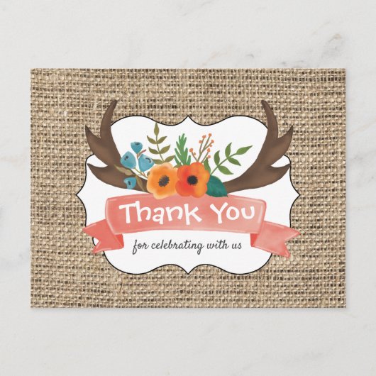 バーラップアントラーフローラベビーシャワーありがとう ポストカード (正面)