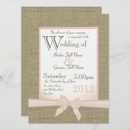 バーラップアンドボウ赤面カントリーウェディング 招待状 (正面/裏面)