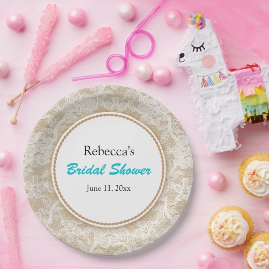 バーラップアンドレースパーソナライズされたブライダルシャワー ペーパープレート (パーティー)