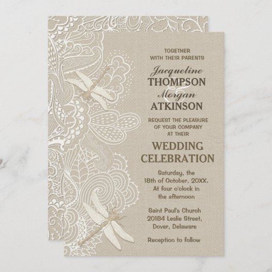 バーラップアンドレース素朴結婚式招待状 招待状 (正面/裏面)