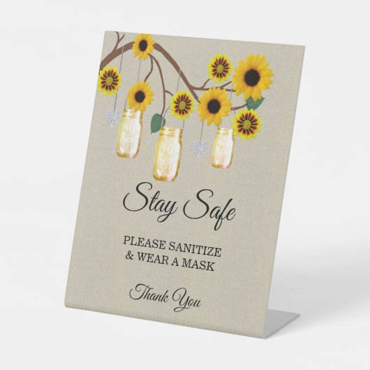 バーラップイエローフローラメイスン結婚ジャーの安全性 台座サイン (正面)