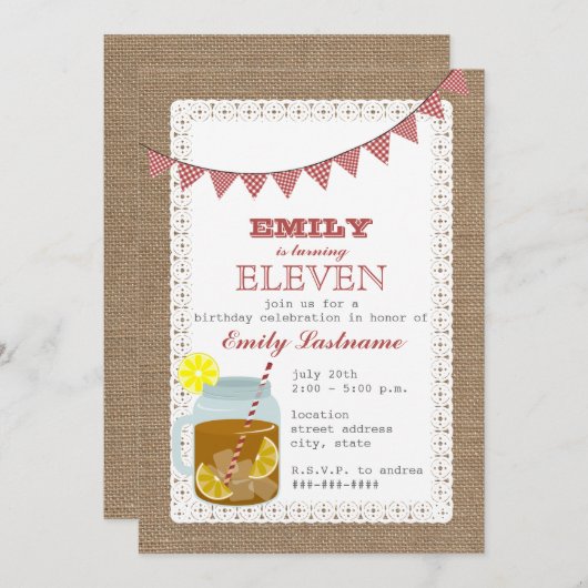 バーラップインスパイアスイーツティー誕生日 招待状 (正面/裏面)