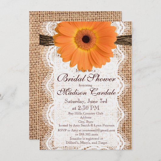 バーラップオレンジデイジーブライダルシャワー招待状 招待状 (正面/裏面)