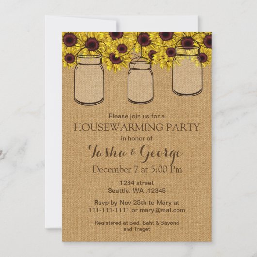 バーラップサンフラワーズメイソンジャース引っ越し祝いパーティー招待状 招待状 (正面)