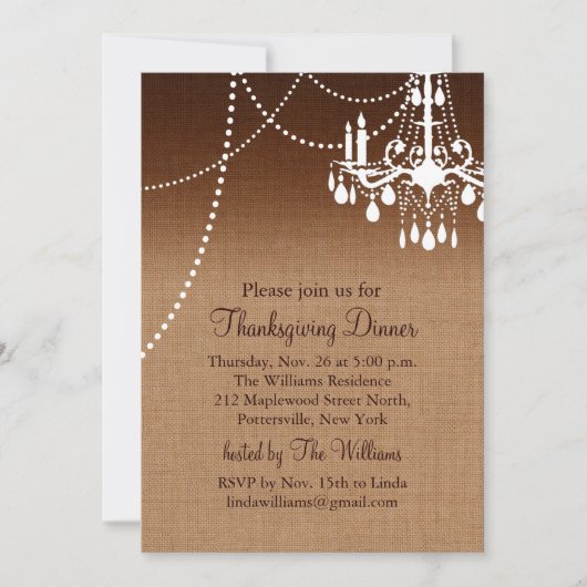 バーラップシャンデリアサンクスギビングディナー招待状 招待状 (正面)