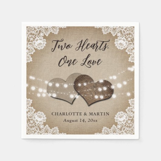 バーラップハートレース素朴カントリーヴィンテージウェディング スタンダードカクテルナプキン (正面)