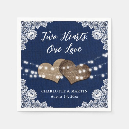 バーラップハートレース素朴ネイビーブルー結婚ズ スタンダードカクテルナプキン (正面)