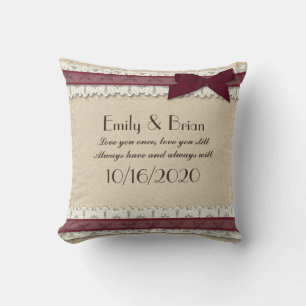 バーラップバーガンデーリボンカスタムウェディングピロー クッション