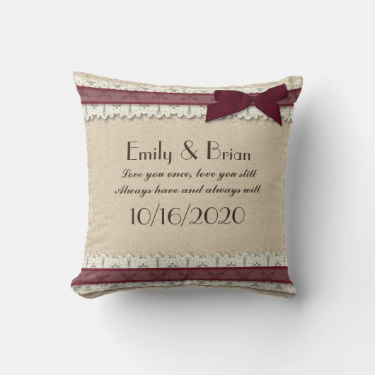 バーラップバーガンデーリボンカスタムウェディングピロー クッション (正面)