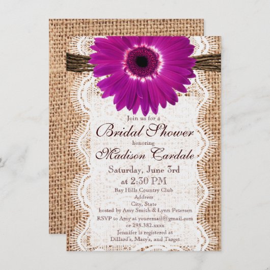バーラップパープルデイジーブライダルシャワー招待状 招待状 (正面/裏面)