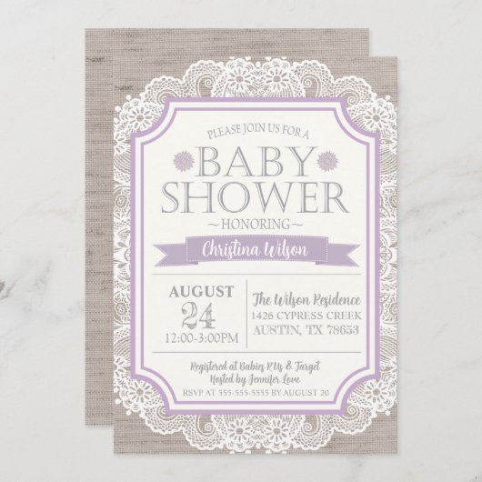 バーラップパープル&レースベビーシャワー招待状 招待状 (正面/裏面)