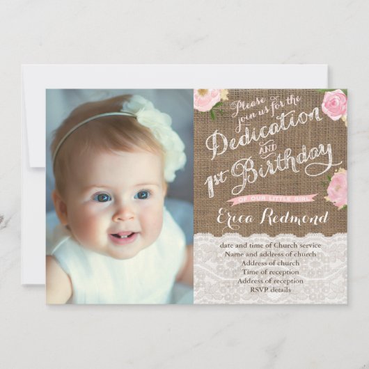 バーラップピンクの花の献身1st誕生日パーティー 招待状 (正面)