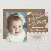 バーラップピンクの花の献身1st誕生日パーティー 招待状 (正面/裏面)