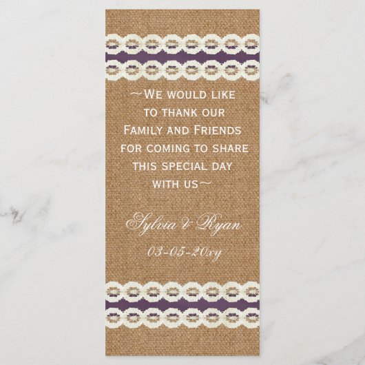 バーラップフェイクとレースの紫色の田舎結婚式 メニュー (裏面)